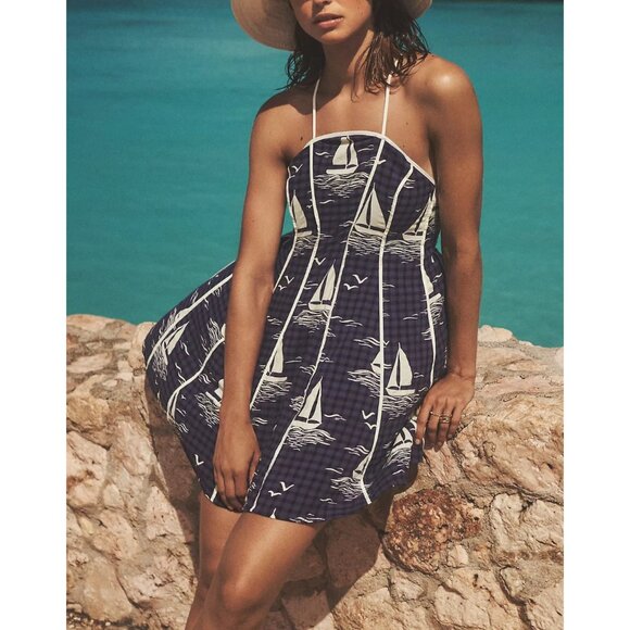 Anthropologie Celandine Scallop Piped Mini Dress Ship Print Nautical L - Picture 2 of 4